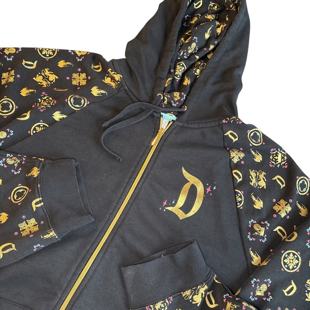 Disney Parks Disneyland Zip Hoodie 2XL Black Gold Foil Castle Vacation Cozy
